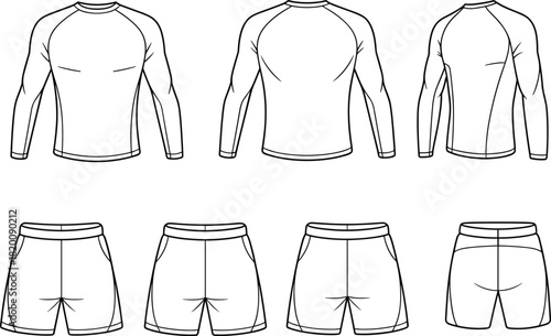Long sleeve raglan compression top and fitted shorts technical fashion flat vector template set for sport active wear CAD drawing