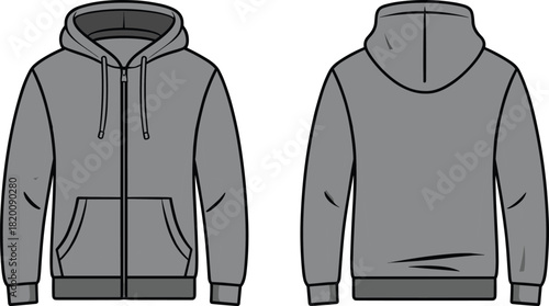 Grey full-zip hooded sweatshirt technical fashion flat vector template with drawstring, kangaroo pockets and ribbed hem cuffs unisex CAD drawing