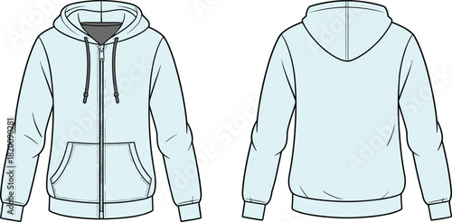 Light blue zip-up hooded sweatshirt technical fashion flat vector template with contrast lining, drawstring, and kangaroo pockets unisex CAD drawing