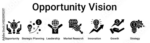 Opportunity Vision banner web icon vector illustration concept for business with icon of Opportunity, Strategic Planning, Leadership, Market Research, Innovation, Growth.