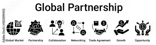 Global Partnership banner web icon vector illustration concept for business with icon of Global Market, Partnership, Collaboration, Networking, Trade Agreement, Growth.