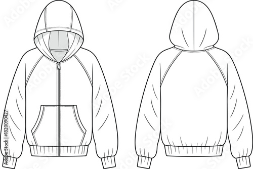 Raglan sleeve hooded zipper jacket technical fashion flat sketch vector template with pouch pocket ribbed hem and cuffs unisex apparel CAD drawing