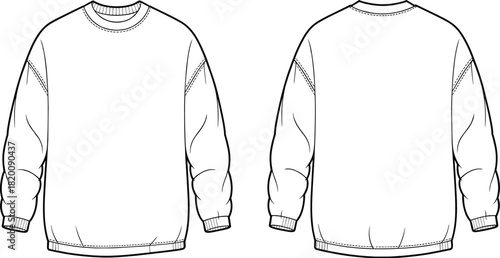 Oversized crew neck sweatshirt technical fashion flat sketch vector template with drop shoulders long sleeves and ribbed trims unisex CAD drawing