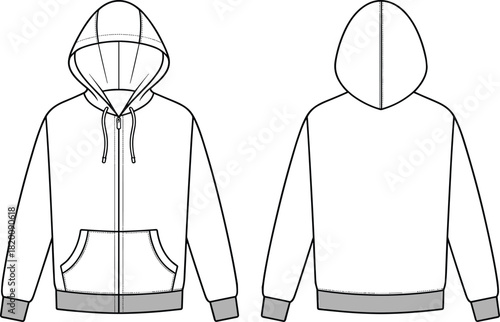 Hooded zipper sweatshirt technical fashion flat sketch vector template with long sleeves drawstring and split kangaroo pockets unisex apparel mockup CAD drawing