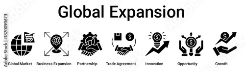 Global Expansion banner web icon vector illustration concept for business with icon of Global Market, Business Expansion, Partnership, Trade Agreement, Innovation, Opportunity.