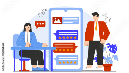 Business People Checking Online Customer Reviews Flat Vector Illustration