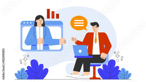 Flat Design Online Meeting with Remote Employees Flat Vector Illustration