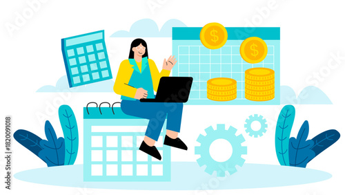 Flat Design Business People Tracking Monthly Budget Flat Vector Illustration