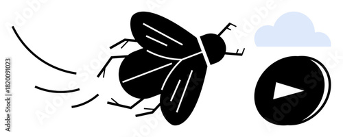 Flying insect in movement outlined in black near a play button and soft cloud. Ideal for speed, technology, creativity, ideas, motion, innovation, nature. Simple flat metaphor