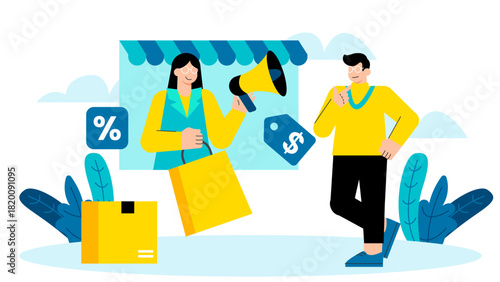 Business People Running Online Store Promotion Flat Vector Illustration