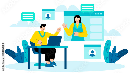 Flat Design Online Meeting with Remote Employees Flat Vector Illustration