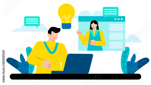 Flat Design Remote Team Brainstorming Session Flat Vector Illustration