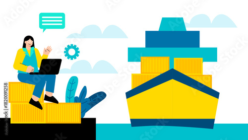 Flat Design Container Ship in Global Logistics Flat Vector Illustration