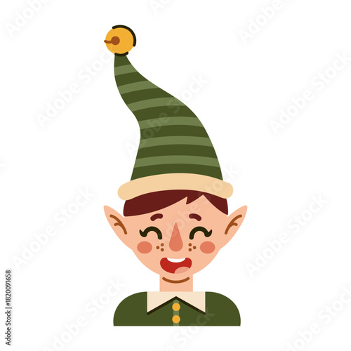 Christmas elf vector icon. Funny Santas helper in a striped hat with a bell, a green festive suit. A boy with long ears is smiling. Hand drawn isolated clipart. Character for New Years, holidays