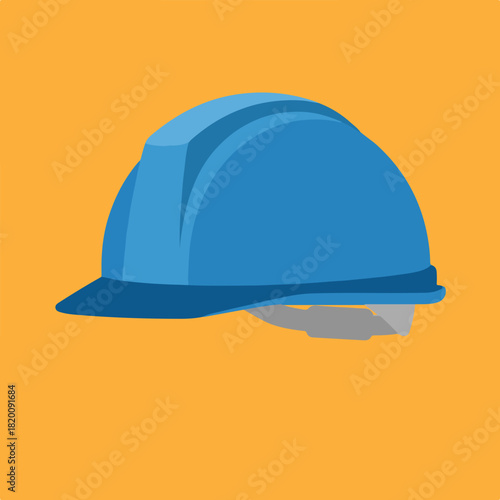 This is a vector illustration of a blue hard hat, a safety helmet worn in industrial and construction settings, set against an orange background.