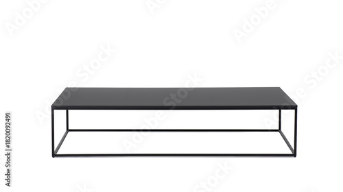 Sleek modern coffee table with dark gray reflective surface and black metal base on transparent background