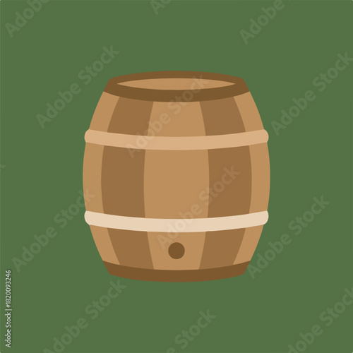 A brown wooden barrel stands centered against a green background, featuring light brown staves and darker brown hoops in a simple, cartoonish style.