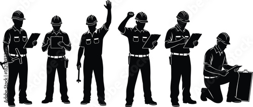 kneeling holding clipboard hammer doing inspection on white background, safety and professional occupation concept