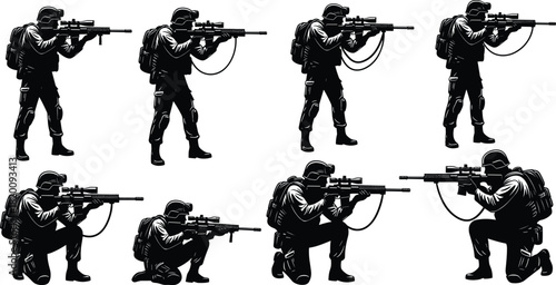Black Silhouette Vector Set of Tactical Military Snipers with Rifles in Various Standing and Kneeling Firing Positions for Army and Special Forces Operations