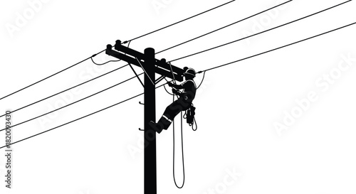 Electrician on a utility pole silhouette, maintenance worker repairing high voltage power lines, technical infrastructure labor, isolated black and white vector