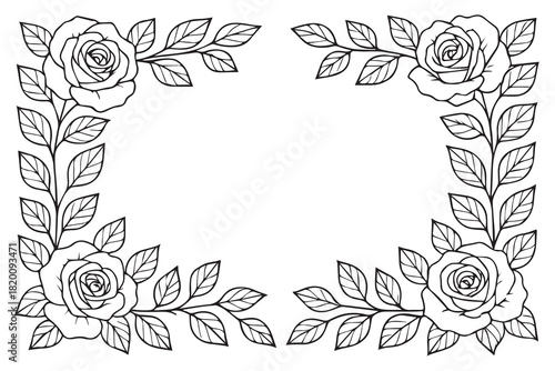 A graceful vector floral frame in black and white creates a refined decorative border perfect for wedding invitations, romantic notes, or elegant stationery themes.