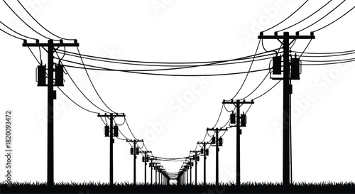 Electrical power lines and utility poles in silhouette against a white background, creating a perspective of endless receding infrastructure, electricity transmission vector illustration.