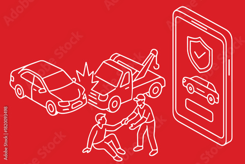 Vector illustration of a technology themed vehicle accident insurance claim processed through a smartphone, showing digital forms, icons, and a modern interface.