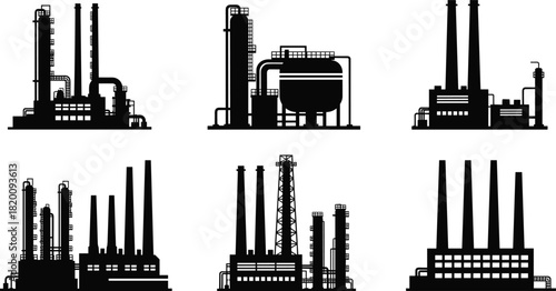 Oil refinery power plant chemical manufacturing factory building silhouette icon set for heavy industry production site vector illustration isolated on white background,