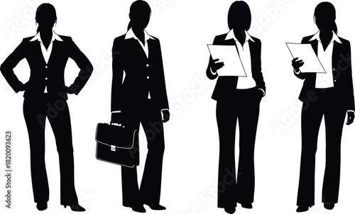 Professional business women silhouette collection, depicting diverse poses in power suits, holding documents and briefcase, ideal for corporate themes and human resources