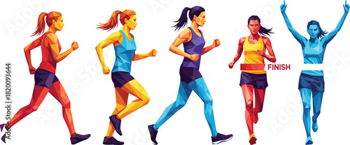 Running women abstract geometric vector, marathon race finish line moment, female runner victory celebration, active healthy lifestyle concept