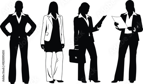 Professional Businesswoman Silhouettes Vector Set, Corporate Women in Suits Standing, Confident Executive, Female Leadership, Career Success, Black and White Graphic.
