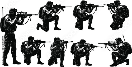 Silhouette of military sniper soldier in combat gear with rifle weapon aiming target in various attack and defense action pose vector icon set