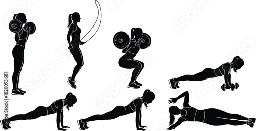 Strong Woman Fitness Workout Silhouettes, Barbell Squat, Jump Rope, Plank, Strength Training, Vector Illustration, Healthy Lifestyle, Exercise.