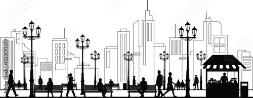 Urban city skyline silhouette with diverse people walking and sitting in a park at night, street lamps and kiosk stand, vector illustration background.