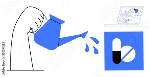 Hand pouring water from a blue watering can, droplets falling near pills and a laptop displaying analytics. Ideal for healthcare, growth, investment, analysis, innovation, strategy, simple flat