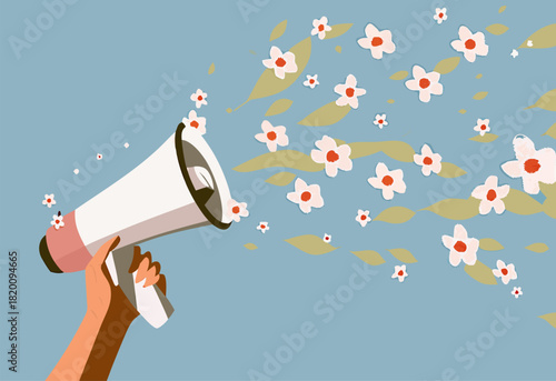 Spring Announcement Megaphone with Blooming Flowers and Leaves
