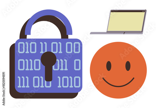 Lock adorned with binary code, laptop, and happy represent cybersecurity, encryption, online safety, data protection, technology trust, privacy assurance and security awareness. Ideal for simple
