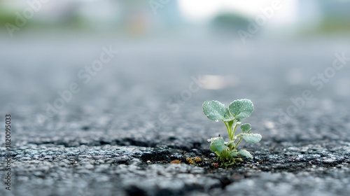 Fototapeta Naklejka Na Ścianę i Meble -  Small green plant growing through crack in asphalt road.