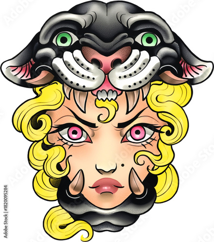Bold woman-with-panther-head tattoo art symbolizing inner strength.