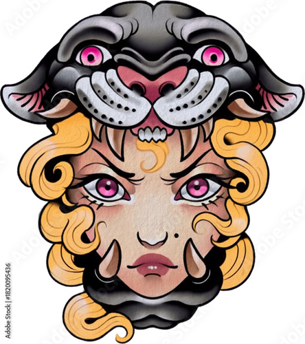 Bold woman-with-panther-head tattoo art symbolizing inner strength.