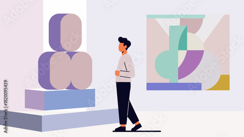 Visitor Observing Artwork in Modern Museum Gallery – Flat Pastel Illustration