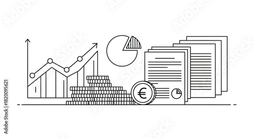 Financial analysis and investment concept with graph, pie chart, coin, document, and euro isolated on the graph shows an upward trend
