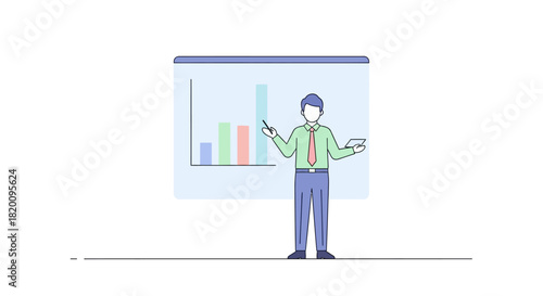 Man presenting business report with bar graph isolated on he is wearing tie and holding pen the graph is colorful and easy to understand