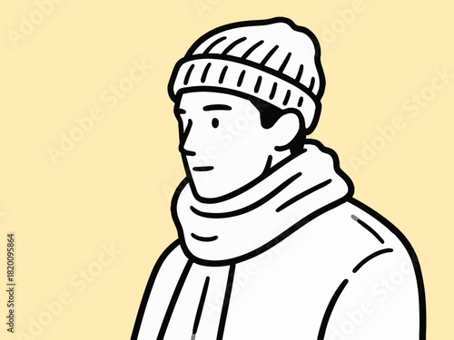 A simple illustration of a man wearing a knit cap and scarf. Winter. Winter clothes. Cold.