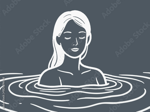 A simple illustration of a woman relaxing in warm water. Warm therapy. Bathing. Spa.