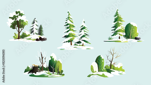 Various groups of snowy trees, illustration of isolated trees with snowdrifts, grass and bushes, winter garden scenery.
