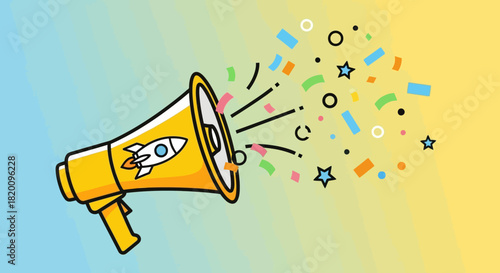 Yellow megaphone with rocket ship on it is blasting confetti isolated on the is gradient blue and yellow