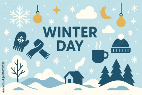 Winter Day Seasonal Flat Color EPS Illustration Background