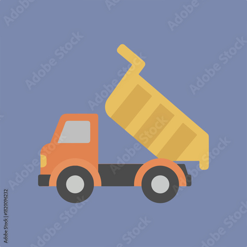 A vector illustration of a construction dump truck with a raised bed, shown on a blue background with the truck in orange, yellow, and gray.