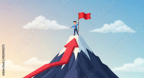 Man on mountain peak with red flag and arrow isolated on, symbolizing success, achievement, and overcoming challenges to reach the top